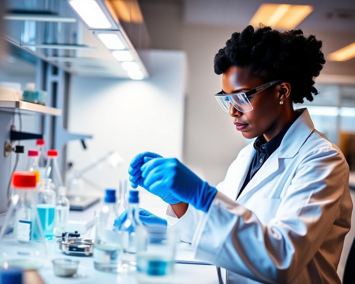 Analyst working at a laboratory bench in Harare